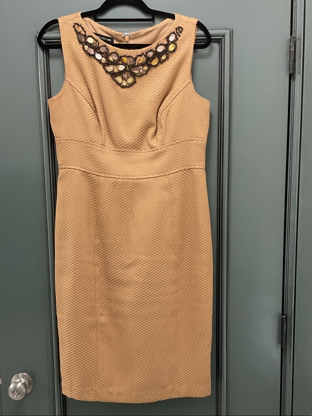 90’s Jones New York Tan Sleeveless Sheath Dress with Beaded Neckline